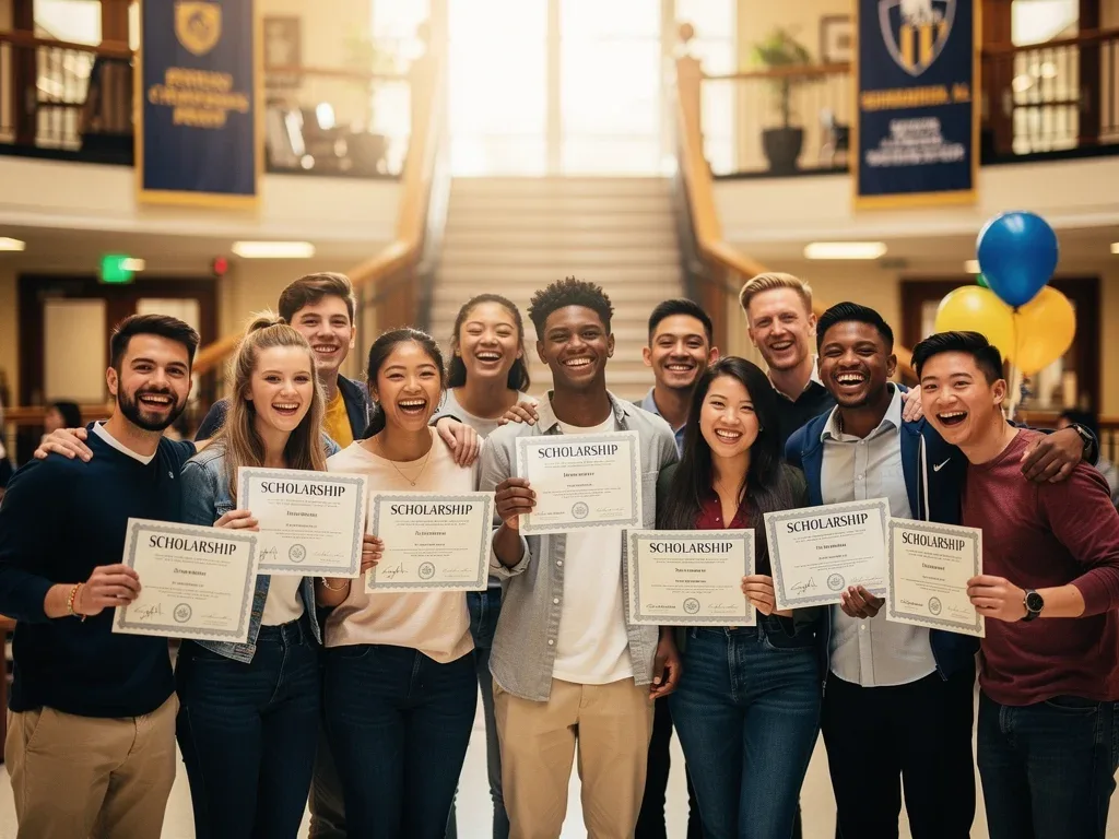 Diverse students celebrating scholarship awards and college funding