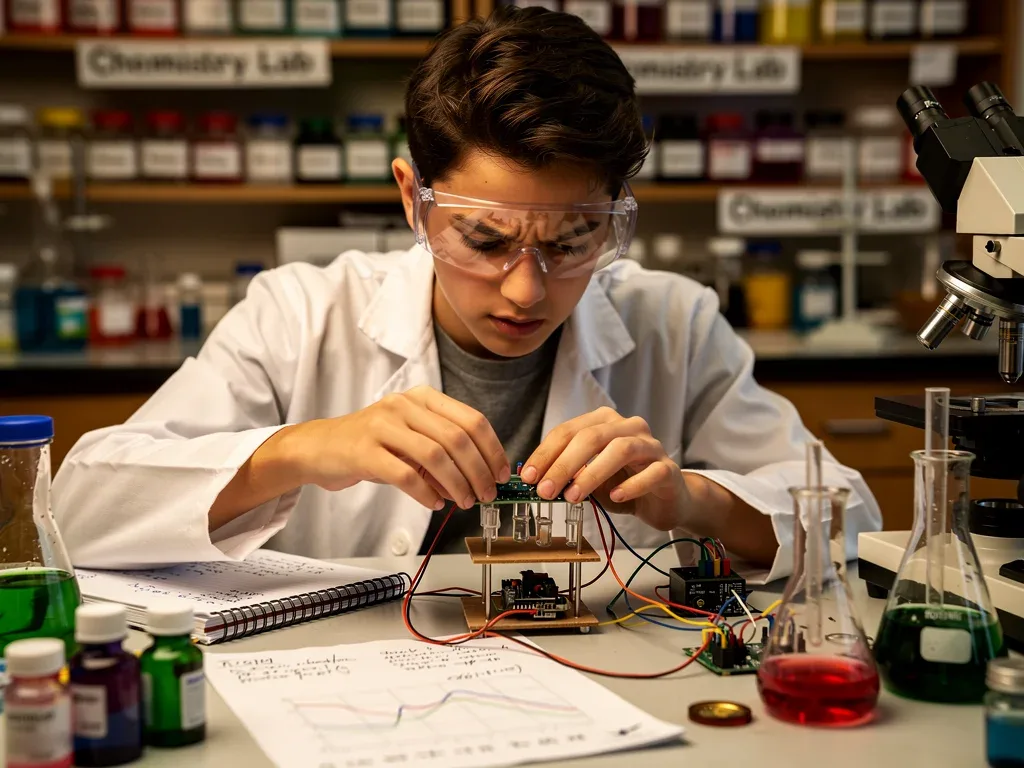 Student deeply engaged in science fair project, demonstrating intellectual curiosity