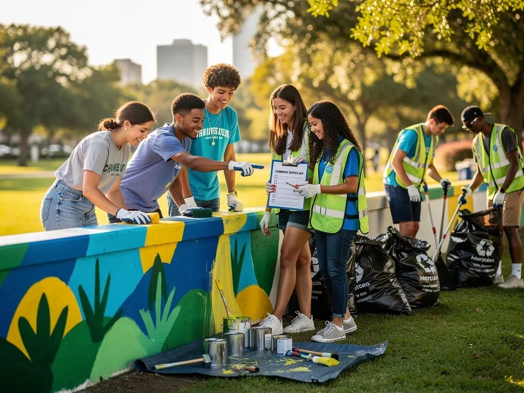 High school students collaborating on a community service project, showing teamwork