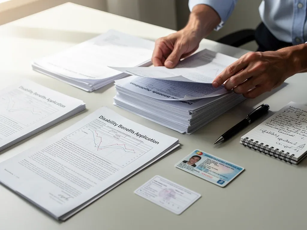Hands organizing medical records and application forms for disability benefits.