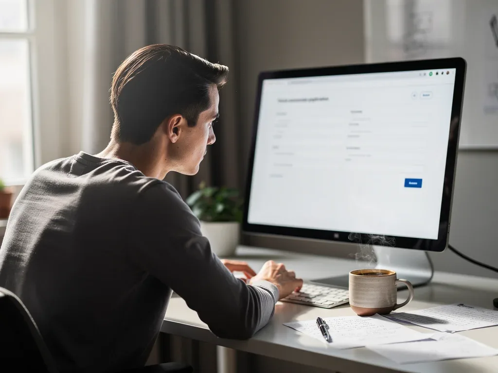 Individual carefully reviewing an online disability benefits application.