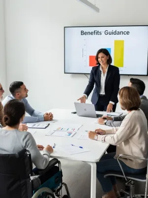 Group of individuals with disabilities receiving expert advice on disability benefits application process.