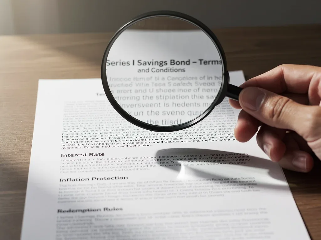 Hand with magnifying glass reviewing Series I Bond document