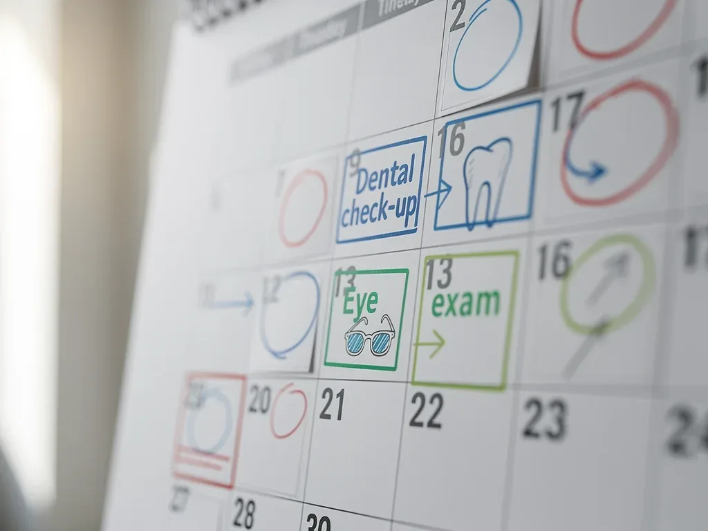 Calendar showing planned dental and vision appointments before the end of a benefit period